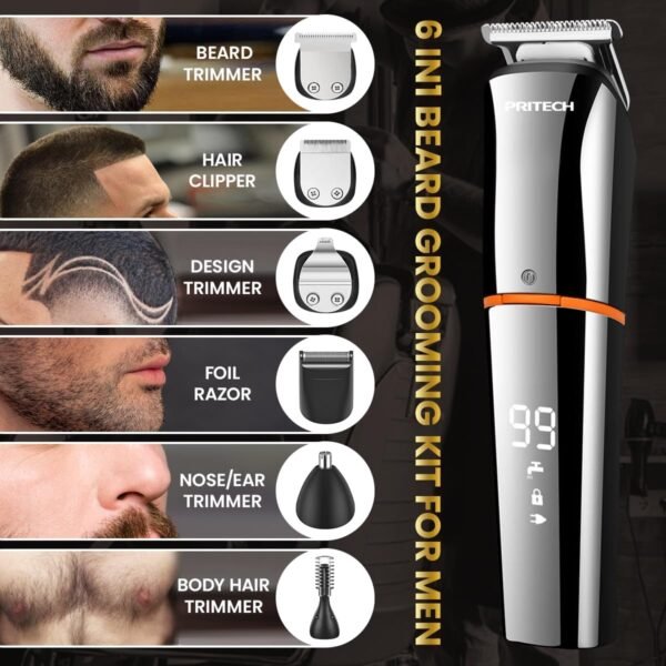 PRITECH Beard Trimmer for Men, 6 in 1 Beard Trimmer Kit, Electric Beard Trimmer with Hair, Precision, Body, Nose, Foil Razor, Grooming Kit Waterproof IPX6 (Silver) - Image 4