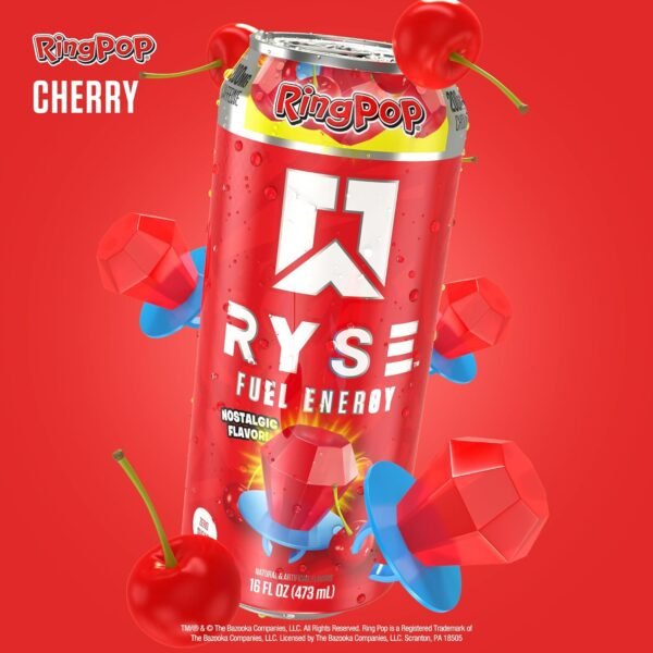 RYSE Fuel Sugar Free Energy Drink | Vegan Friendly, Gluten Free | No Fillers & No Artificial Colors | Low Calorie | 200mg Natural Caffeine | 12 Pack (Cherry Ring Pop) - Image 4