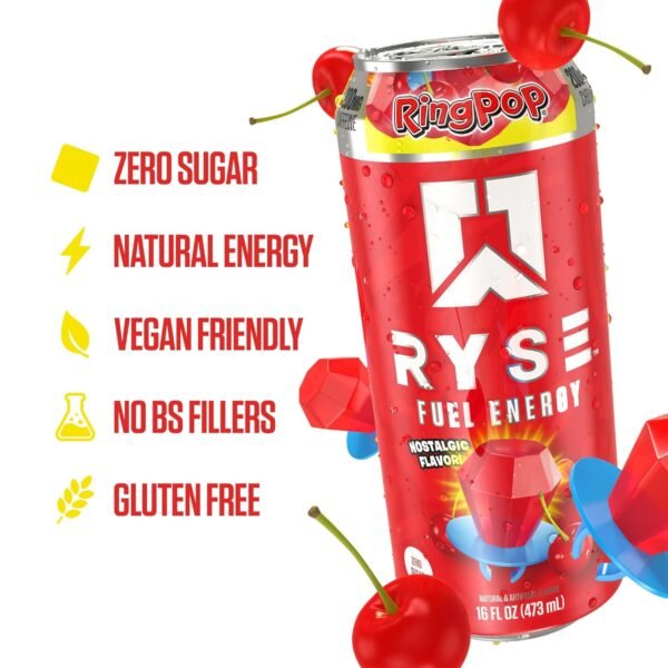 RYSE Fuel Sugar Free Energy Drink | Vegan Friendly, Gluten Free | No Fillers & No Artificial Colors | Low Calorie | 200mg Natural Caffeine | 12 Pack (Cherry Ring Pop) - Image 5