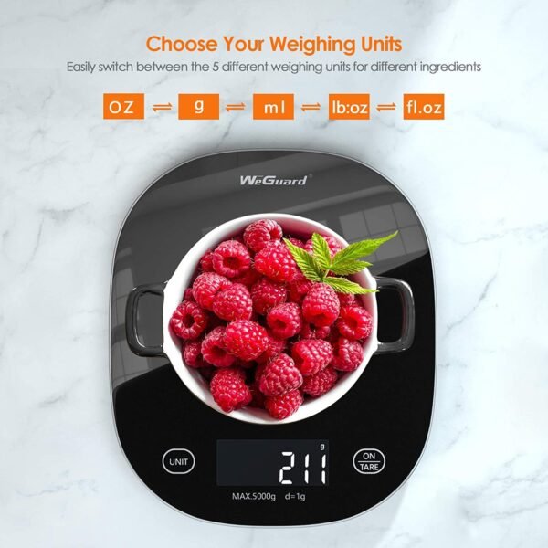 Digital Food Scale, WeGuard Kitchen Scale Weight Grams and oz with Nutritional Calculate via Smartphone APP, Food Weight Scale for Cooking, Baking, and Weight Loss, 5 Units, Tempered Glass Black - Image 8