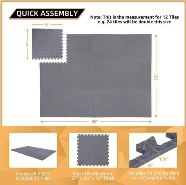 12 Pack, 48 SQFT - 24" x 24" - 1/2" Extra Thick Floor Exercise Mat for Home Gym or Floor Padding - High-Density EVA Interlocking Foam Floor Tiles for Gym Equipment, Play Area | Yoga, Cardio, Weights - Image 3
