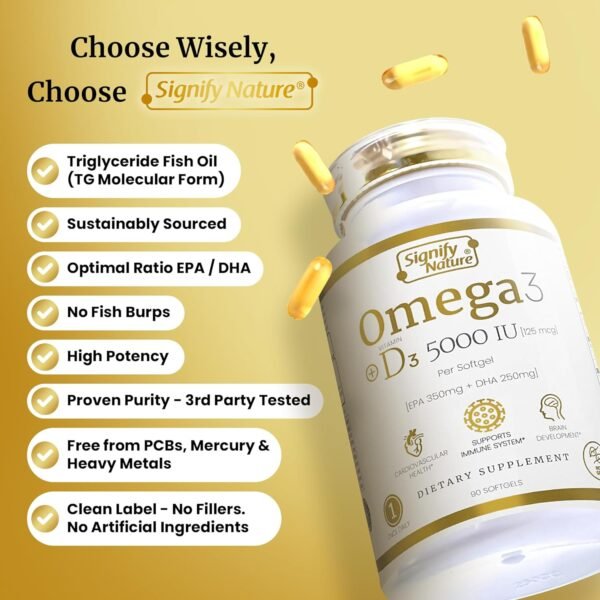 SIGNIFY NATURE Omega 3 Fish Oil Supplement with Vitamin D3 5000 IU - 1000mg Triglyceride Capsules for Brain Health - Omega3 EPA DHA + VIT D 3-90CT - Image 5
