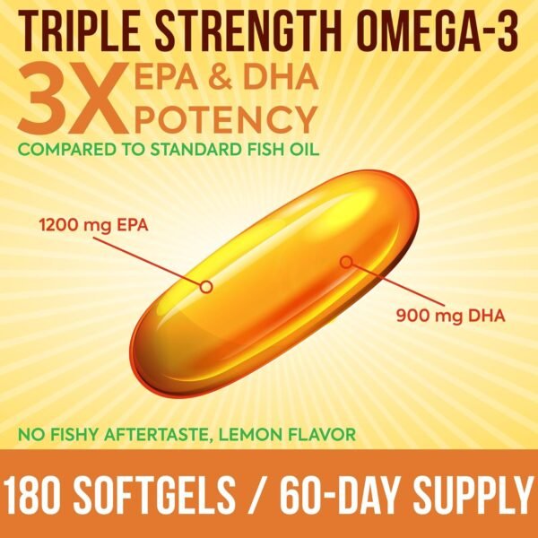 Omega 3 Fish Oil 3750mg Triple Strength | EPA 1200mg + DHA 900mg Fatty Acids | Fish Oil Omega 3 Supplement | Promotes Healthy Heart, Immune System, Eyes, Skin & Brain Function | 180 Burpless Softgels - Image 5