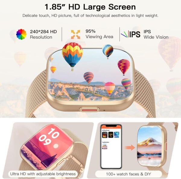Smart Watches for Women, 1.85" Fitness Watch Answer/Make Calls, Fitness Tracker with Pedometer/Calories, 24/7Heart Rate/SpO2/Sleep Tracker, Waterproof Smart Watch for Android iPhone(2 Straps) - Image 3