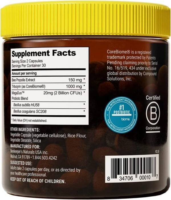 Beekeeper's Naturals Complete Gut Health, 3-in-1 Prebiotic, Postbiotic, Probiotics for Digestive Health & Bloating Relief for Women & Men, Propolis Powered, Gluten-Free Vegan Capsules, 60ct - Image 9