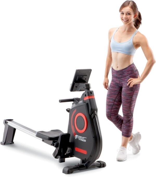 CIRCUIT FITNESS Circuit Fitness Foldable Magnetic Rowing Machine for Cardio and Body Building Exercise - Red/Bluetooth - Image 2