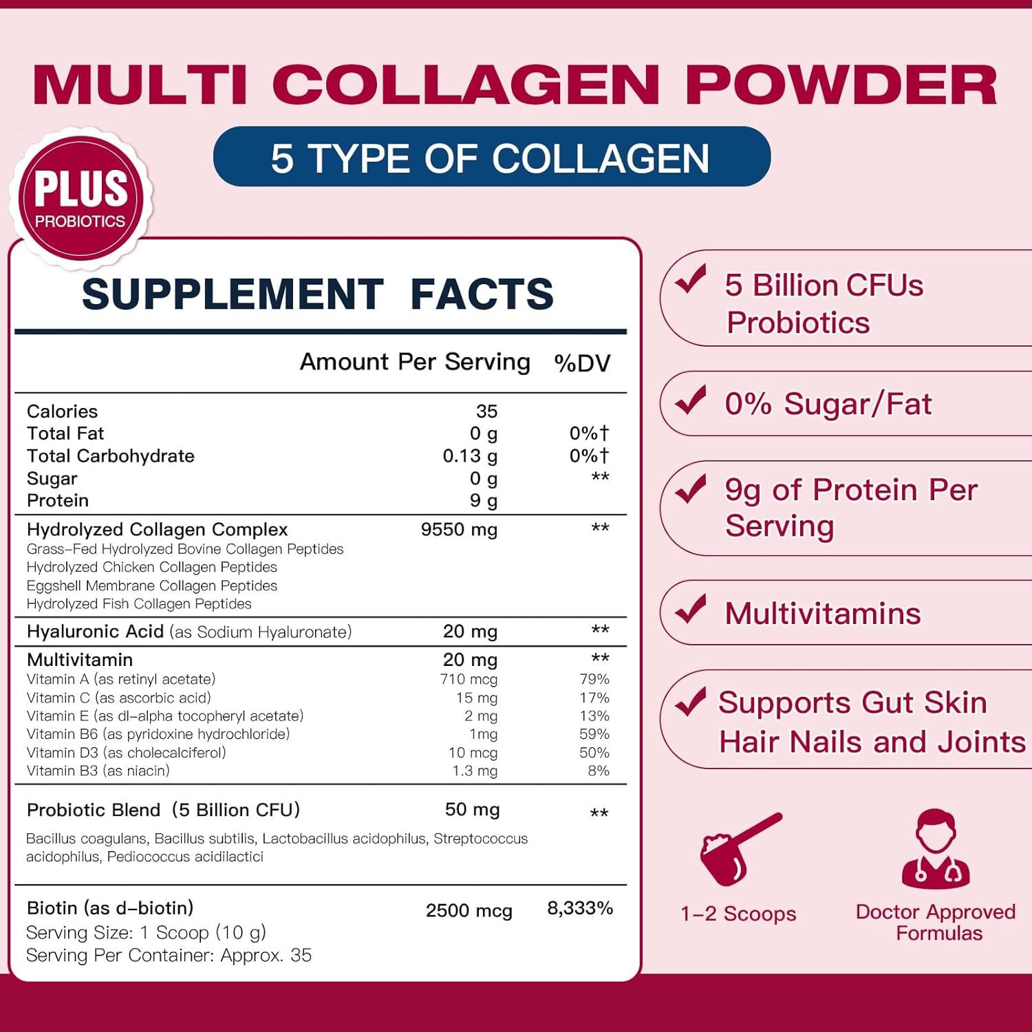 Multi Collagen Peptides Powder with Probiotics - Type I II III V X - Hydrolyzed Collagen Peptides with Multivitamins, Hyaluronic Acid & Biotin - Support Skin Hair Nail Joints & Gut, 35 Servings - Image 3