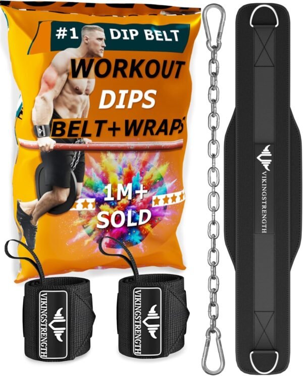 Vikingstrength Dip Belt for Weight Lifting Including Wrist Wraps. Premium Padded Dips Belt with Long Chain for Pullups Triceps Weighted belt for Workout Powerlifting + V-Strength Workout App - Image 2