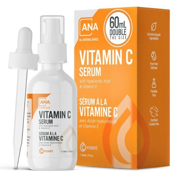All Natural Advice Vitamin C Serum 60mL | 20% Vitamin C Face Serum Solution with Organic Botanicals, Hyaluronic Acid & Vitamin E | UV-Shielding Glass Bottle, Spray & Dropper | Canadian Skin Care - Image 2