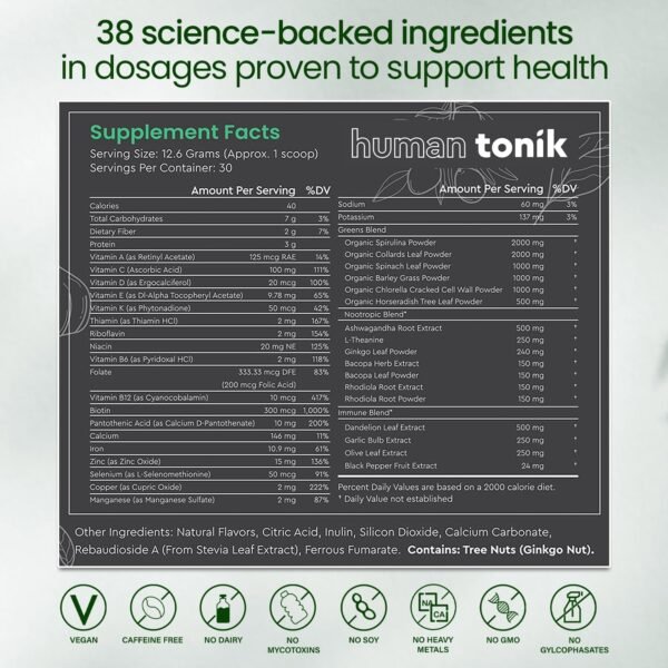100% Natural Greens Superfood Powder – Daily Supplement with 38 Superfoods, Vitamins and Minerals – Supports Energy, Stress and Immunity – 30 Days 360 Grams Berry Flavor (1 Tub) - Image 4
