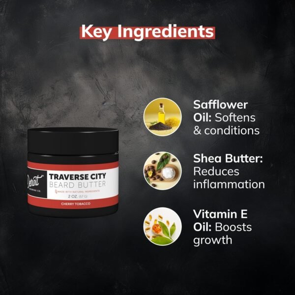 Detroit Grooming Co. Men's Beard Butter - Soften, Thicken, Hydrate, and Rejuvenate Your Beard with Safflower Oil and Shea Butter- Beard Care - Styling Essentials - 2oz (Cherry & Tobacco) - Image 7