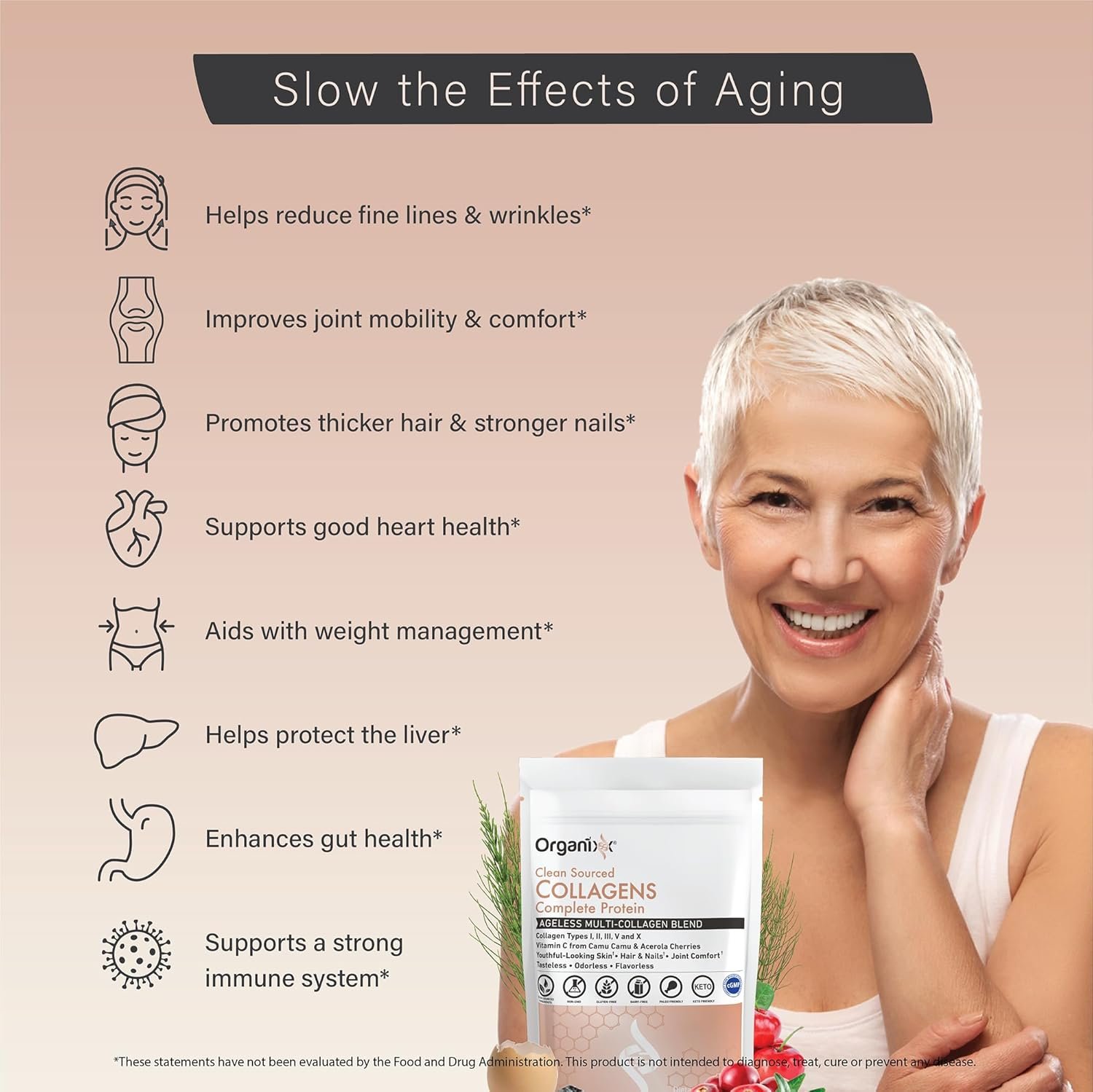 Organixx Collagen Peptides Powder with Vitamin C, Types I, II, III, V, X Hydrolyzed Collagen, Hair, Nail, Skin, Bone & Joint Health, Aging Support, Clean Sourced, Gluten Free, Unflavored, 20 Servings - Image 7