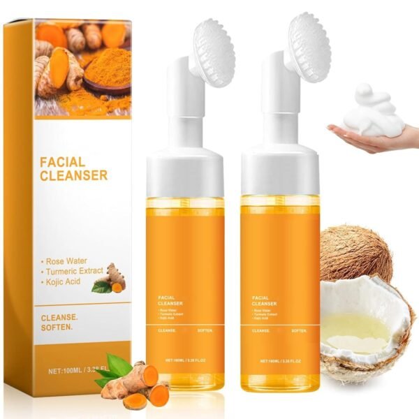 2 Pcs Turmeric Facial Cleanser, Glow Wash Turmeric Face Wash With Brush, Deep Cleansing Exfoliating for Women All Skin. - Image 2