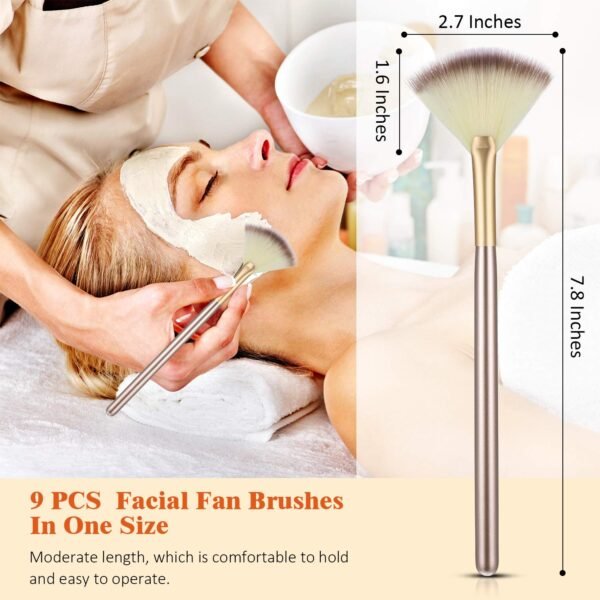 9 Pieces Facial Fan Mask Brushes, Soft Facial Applicator Brushes Tools for Peel Glycolic Makeup for Mud Cream (Champagne) - Image 3