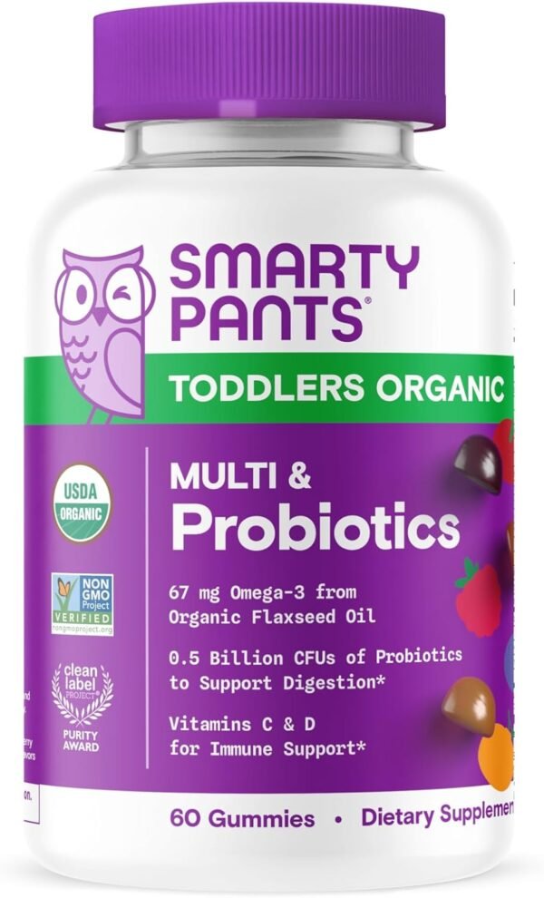 SmartyPants Organic Toddler Multivitamin Gummies: Probiotics, Omega 3 (ALA), Vitamin D3, C, Vitamin B12, B6, A, K & Zinc, Beta Carotene, Gluten Free, Three Fruit Flavors, 60 Count (30 Day Supply) - Image 2