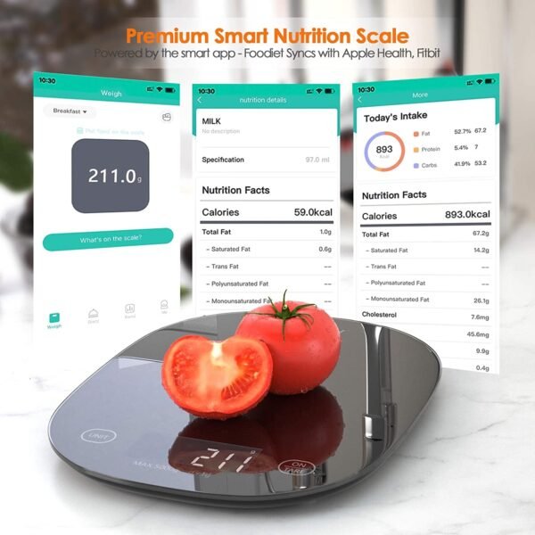 Digital Food Scale, WeGuard Kitchen Scale Weight Grams and oz with Nutritional Calculate via Smartphone APP, Food Weight Scale for Cooking, Baking, and Weight Loss, 5 Units, Tempered Glass Black - Image 4