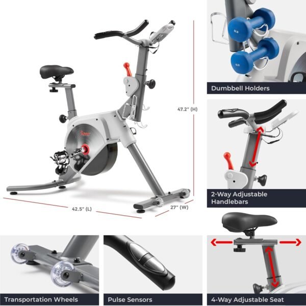 Sunny Health & Fitness Indoor Stationary Cycling Exercise Bike for Home Cardio Workout, 4-Way Adjustable & Cushioned Seat, Optional Magnetic Resistance & Free Exclusive SunnyFit App Bluetooth Link - Image 7