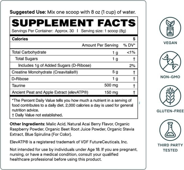 Ora Organic Creatine Monohydrate Powder - German-Sourced Creavitalis for Strength, elevATP for Energy, D-Ribose & Taurine for Recovery - Creatine for Women & Men - Acai Berry Flavor, 30 Servings - Image 6