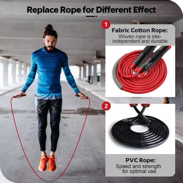 Weighted Jump Rope, 1LB Tangle-Free Ball Bearing Rapid Speed Skipping Rope for Men Women, Adjustable 9mm Cotton & PVC Rope with Alum Handle for Boxing MMA Weight-Loss Athletic Workout Fitness - Image 4