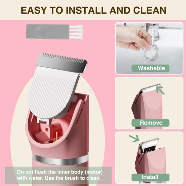 AREYZIN Bikini Trimmer for Women,Electric Razors Shaver for Bikini Legs Pubic Hair,Rechargeable Ladies Bikini Hair Trimmer Removal with Snap-in Ceramic Blades IP7X Washable Head,Wet and Dry Use,Pink - Image 9