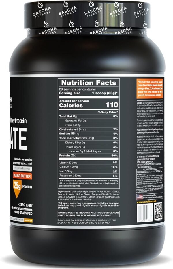 SASCHA FITNESS Hydrolyzed Whey Protein Isolate,100% Grass-Fed (2.3 Pounds, Peanut Butter) - Image 3