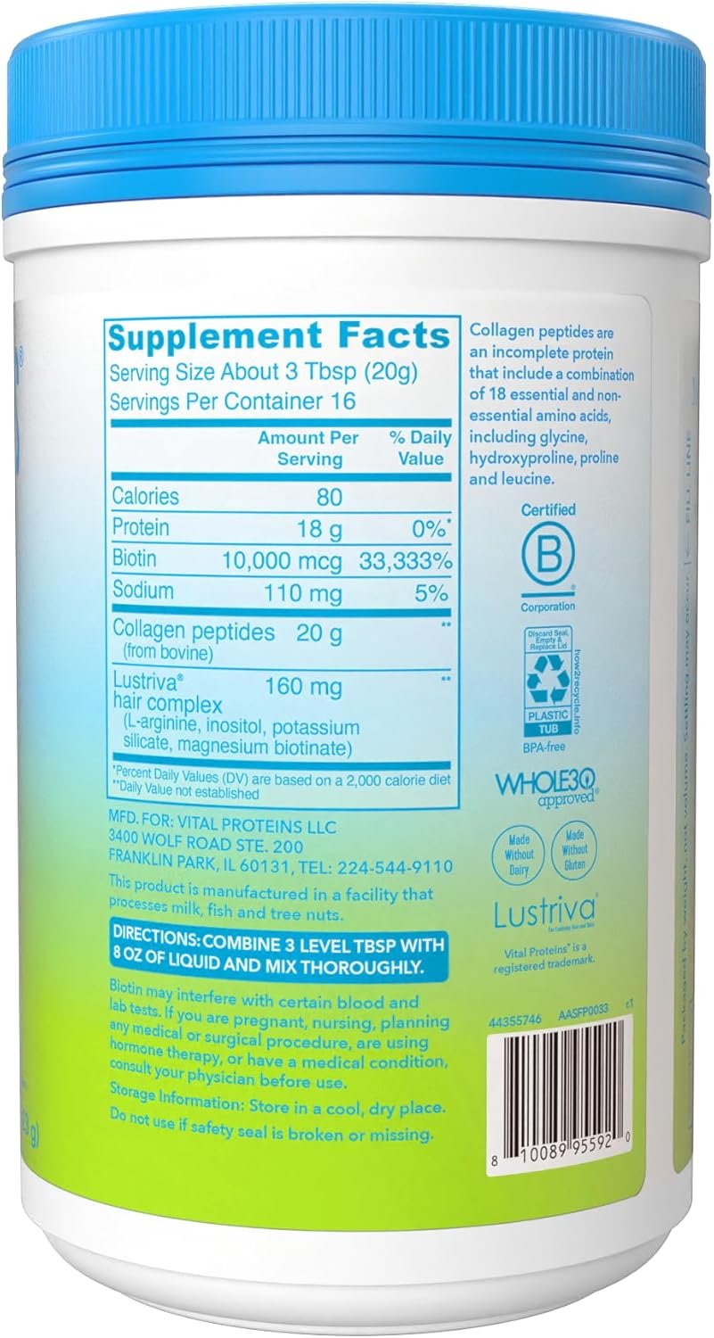 Vital Proteins Collagen Peptides + Biotin 10000mcg Hair Complex, Hair Growth Supplement - Clinically Studied Lustriva to Promote Thicker Fuller Hair, 20g Unflavored Collagen for Women 11.4oz Powder - Image 9