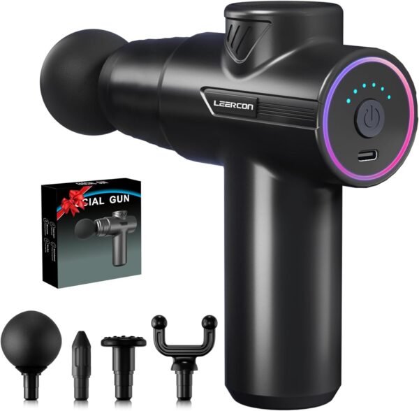 Mini Massage Gun,Portable Deep Tissue Muscle Fashion Back Massager, Handheld Percussion Massager for Pain Relief with 6 Intensities, 4 Heads, Coloured Light，Gifts for Men and Women - Image 2
