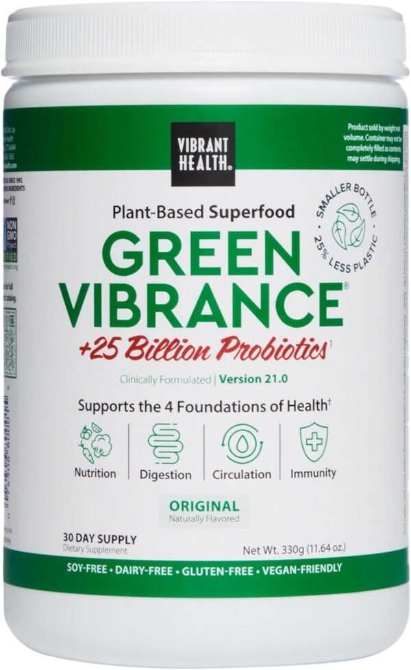 Vibrant Health, Green Vibrance, Includes 65 Plant-Based Superfoods, 25 Billion Probiotics, Fiber, Adaptogens & Enzymes, 30 Servings - Image 2