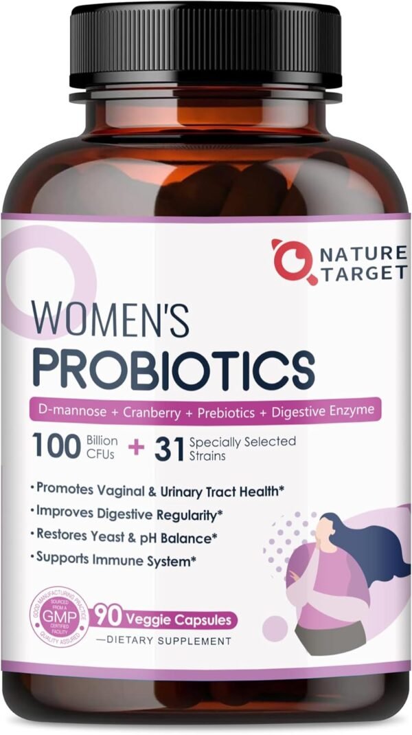NATURE TARGET Probiotics for Women, 100 Billion CFUs Probiotic with Digestive Enzymes & Prebiotics, Vaginal Probiotics with Cranberry for Urinary Tract Health, pH Balance, 90 Veggie Capsules - Image 2