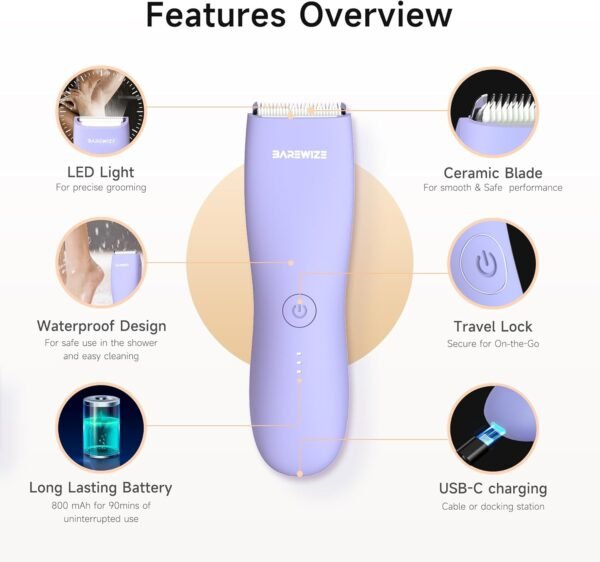 Bikini Trimmer for Women, Legs & Pubic Hair Trimmer for Women | Waterproof, Type-C Rechargeable, LED Light, Replaceable Blade, Electric Razors for Women, Womens Body Shaver (Lilac Purple) - Image 3