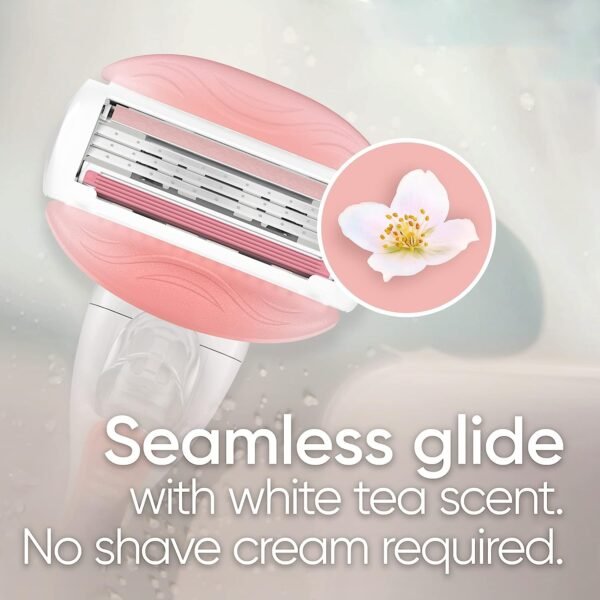 Gillette Venus ComfortGlide White Tea Women's Razor, Pivoting Head, Gel Bar, No Shave Cream Required, 3 Bladed for Smooth Shave, 1 Handle + 4 Blade Refills - Image 6