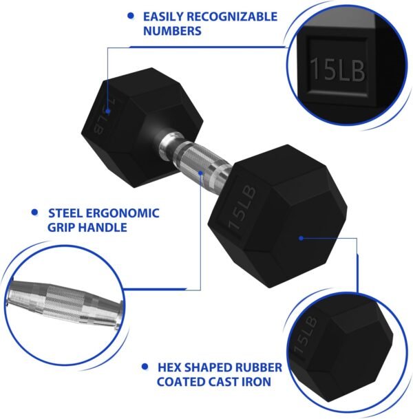 Signature Fitness Premium Rubber Encased Hex Dumbbell Sets, 60LBS, 100LBS, 150LBS, 210LBS, 300LBS, 550LBS Options - Image 4