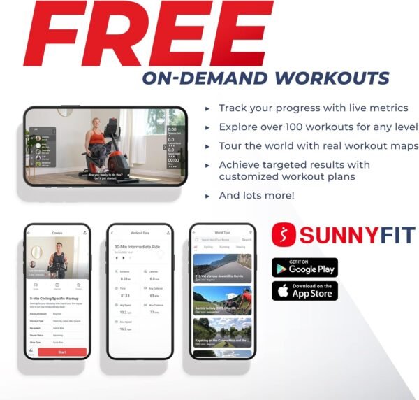 Sunny Health & Fitness Smart Indoor Recumbent Bike Trainer, Home Full Body Workout & Cardio Cycling Machine for Seniors, Free SunnyFit Bluetooth Connect, Optional Arm Exerciser Hand Cycle & Bands - Image 4
