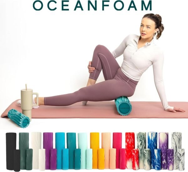 Oceanfoam Tidal Roller - Jade & Seafoam Marbled - Muscle Massage Foam Roller for Back Pain & Stretching - Firm and Ergonomic Wide Wave Textured - Yoga, Athletics, & Wellness - Full Size, 20" x 5" - Image 9