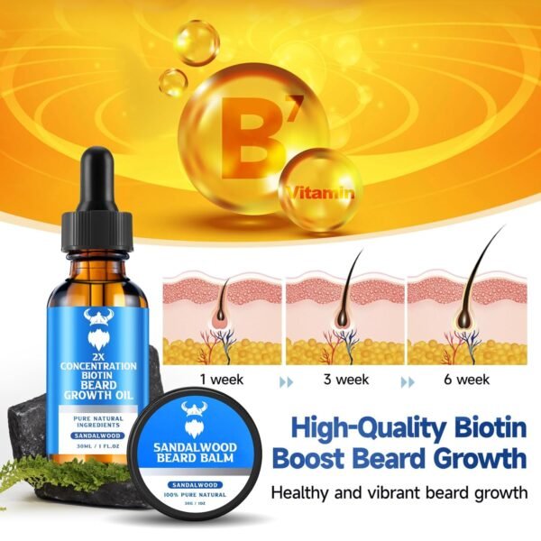 Beard Growth Oil & Beard Balm - Beard Growth Kit with 2X Concentration Biotin for Men, Natural Ingredients with Argan Oil, Jojoba Oil and Vitamin (Sandalwood) - Image 4
