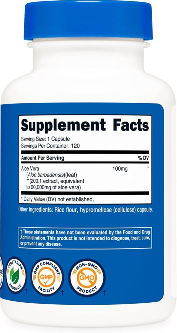 Nutricost Aloe Vera 20,000mg, 120 Capsules - Gluten Free, Non-GMO, Vegetarian Friendly (100mg of 200:1 Extract) - Image 6