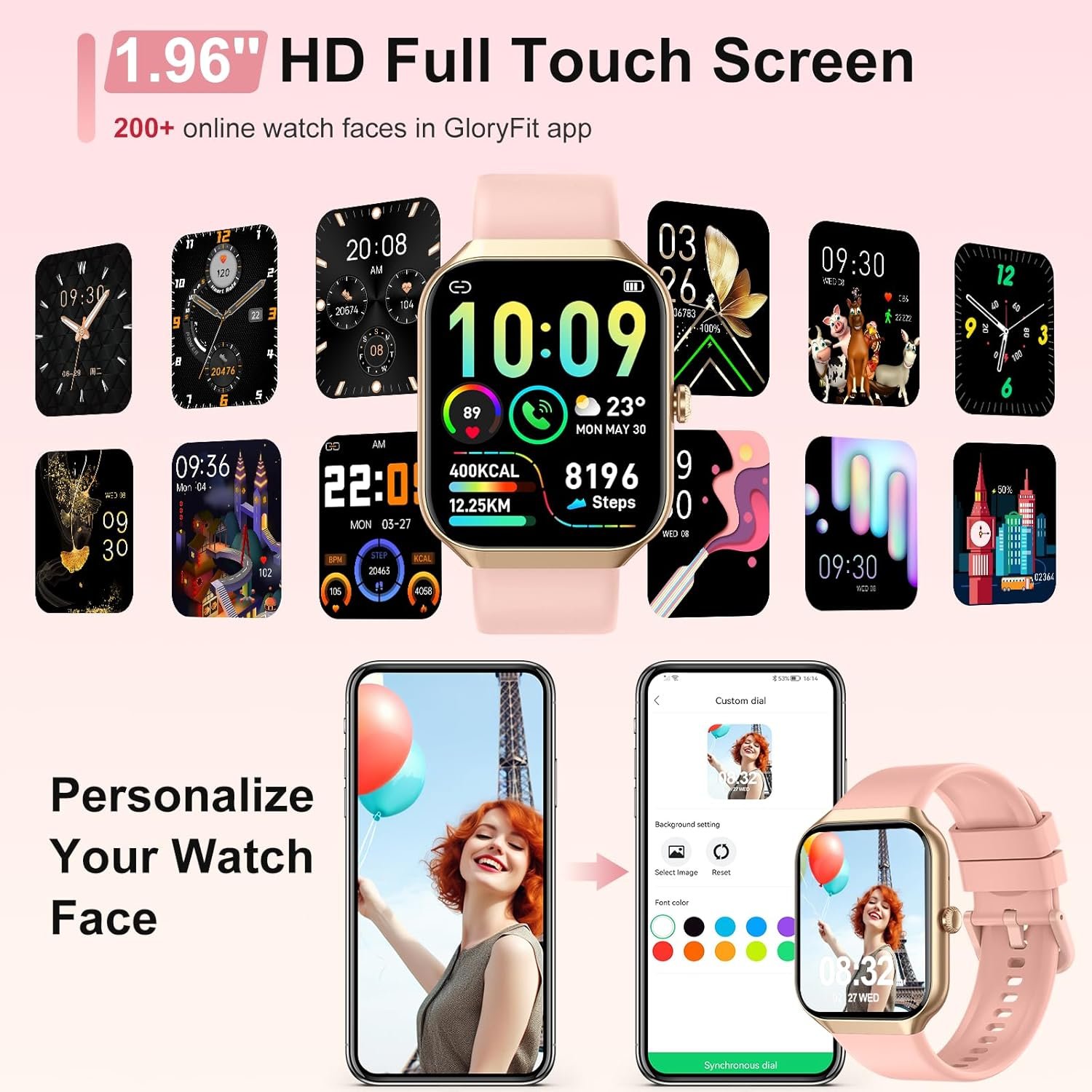 Smart Watch for Women Answer/Make Calls, 1.96" HD Fitness Watch with Heart Rate Monitor Sleep Monitor, 113 Sports Activity Trackers with Step Counter, IP68 Waterproof, Smartwatch for Android/iOS, Rose - Image 4