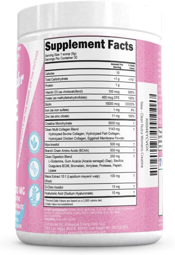 Creatine for Women | Creatine Monohydrate + BCAA Powder Myo-Inositol Collagen Biotin Hyaluronic Acid Folate L Glutamine Vitamin D3 Iron Zinc D-Chiro-Maca Digestion Shelf Builder by Clean Nutra - Image 4