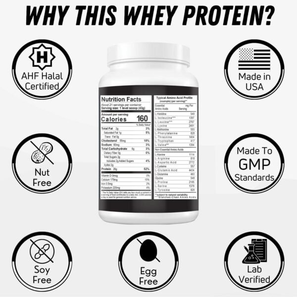 Delicious Creamy Vanilla Halal Whey Protein Powder 2Lbs | 26g Protein, 5500mg BCAAs, and 460mg Glutamine | for Recovery & Lean Muscles | Gluten-Free | Non-GMO | Keto-Friendly - Image 4