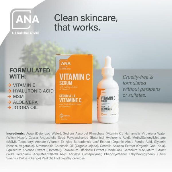 All Natural Advice Vitamin C Serum 60mL | 20% Vitamin C Face Serum Solution with Organic Botanicals, Hyaluronic Acid & Vitamin E | UV-Shielding Glass Bottle, Spray & Dropper | Canadian Skin Care - Image 6