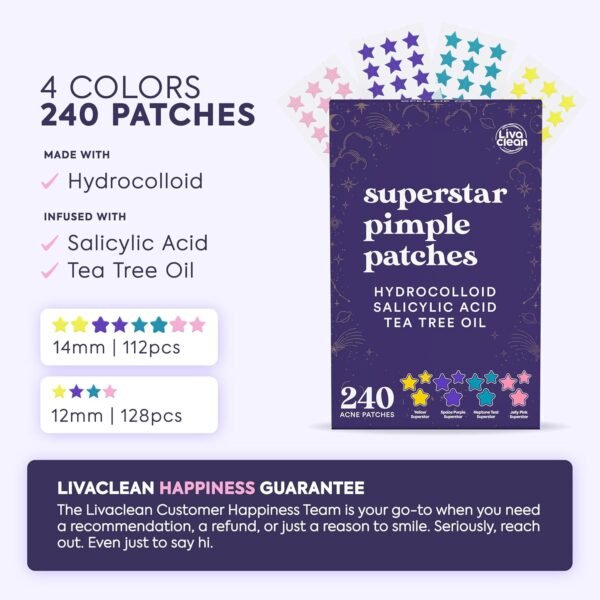 LivaClean Star Pimple Patches for Face w/Hydrocolloid, Salicylic Acid & Tea Tree, 240 Patches, Hydrocolloid Acne Patch, Cute Star Pimple Patch for Healing Stickers Zit Superstar - Image 3
