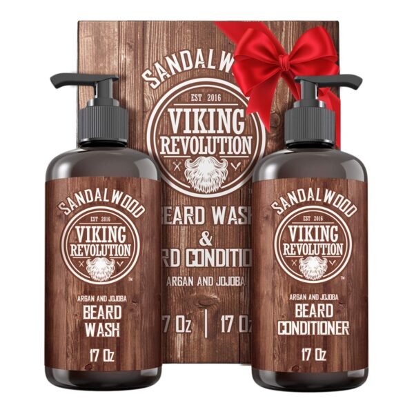 Viking Revolution Beard Wash & Beard Conditioner Set with Argan & Jojoba Oils - Softens and Strengthens - Natural Sandalwood Scent - Beard Shampoo with Beard Oil (17 oz) - Image 2
