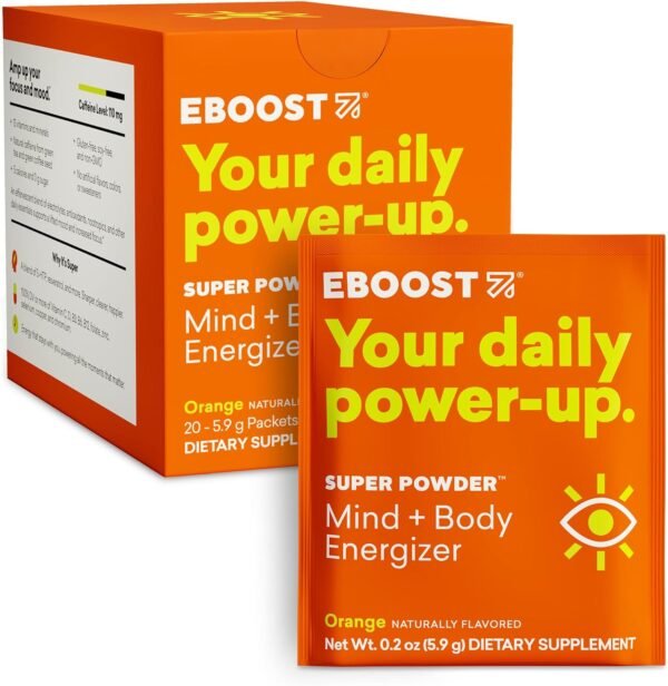 EBOOST Energy Drink & Electrolyte Powder, 20 Packets - Super Powder Orange with No Added Sugar - Essential Blend of Vitamins, Nootropics & Natural Caffeine and Hydration - Pre & Post Workout - Image 2