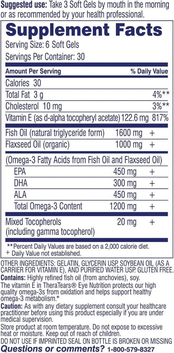 TheraTears 1200mg Omega 3 Supplement for Eye Nutrition, Organic Flaxseed Triglyceride Fish Oil and Vitamin E, 180 Count - Image 3