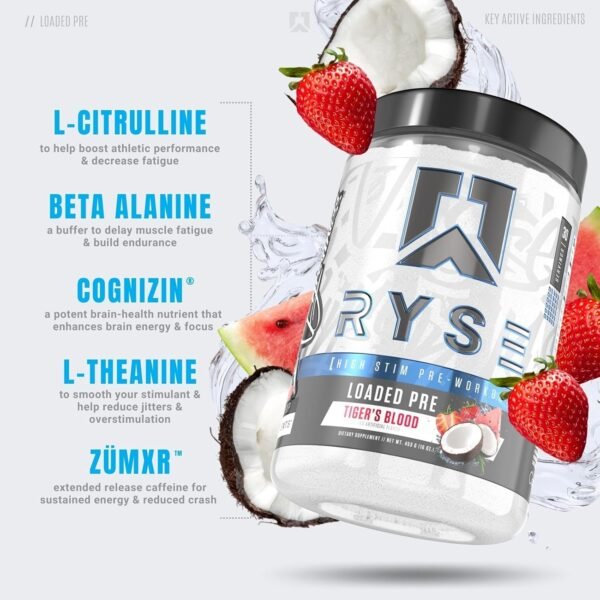 Ryse Loaded Pre Workout Powder Supplement for Men & Women | Pumps, Energy, Focus | Beta Alanine + Citrulline | 390mg Caffeine | 30 Servings (Tiger's Blood) - Image 4