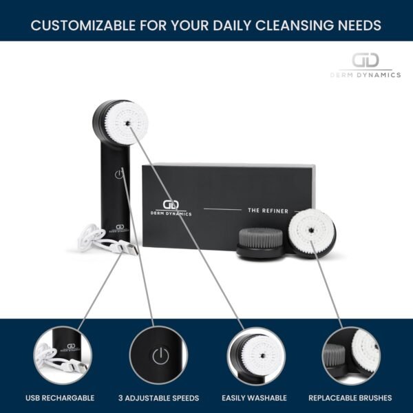 Facial Cleansing Brush (Daily Clean & Deep Exfoliation Modes) – 3 Brush Heads – IPX7 Waterproof, USB Rechargeable Device – Ideal for All Skin Types, Men and Women – Black - Image 8