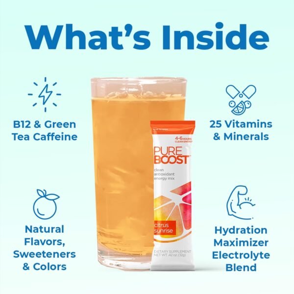 Pureboost Clean Energy Booster, Refreshing Energy Drink Mix with B12 Vitamins, Electrolytes, Antioxidants, Sugar-Free with No Sucralose (Combo Pack, 30 Count) - Image 4