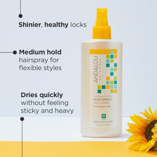 Andalou Naturals Brilliant Shine Hair Spray, Sunflower & Citrus, Styling and Hair Shine Spray with Medium hold, Tames Frizzy Hair & Flyaways, Quick Drying & Non-Sticky, Cruelty Free, 8.2 Fl Oz - Image 3