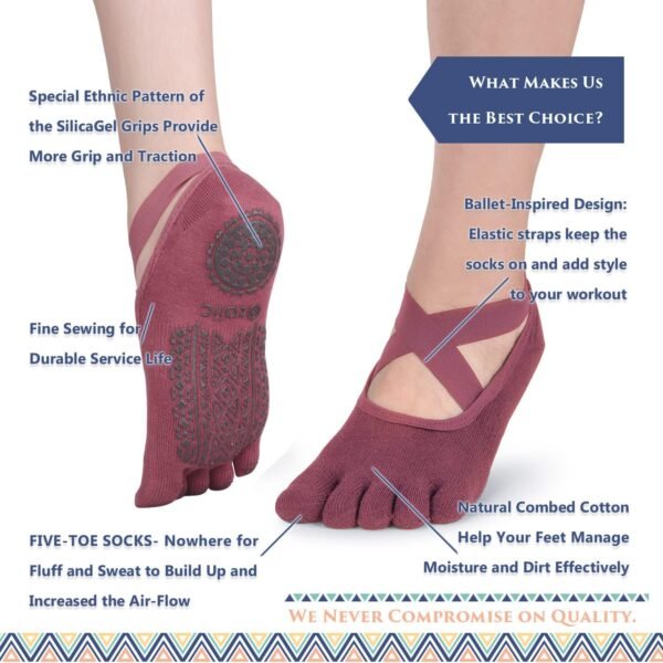 Ozaiic Yoga Socks for Women with Grips, Non-Slip Five Toe Socks for Pilates, Barre, Ballet, Fitness - Image 4