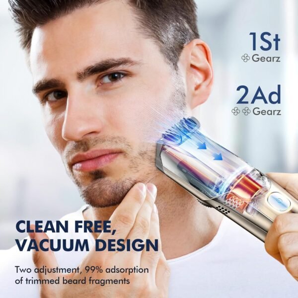 Vacuum Beard Trimmer for Men, Upgrade Adjustable Length with 2 Comb, Electric Vacuum Trimmer for Beard, Mustache and Stubble, Waterproof and Rinses Easy, High Precision Blades for Skin fit - Image 5